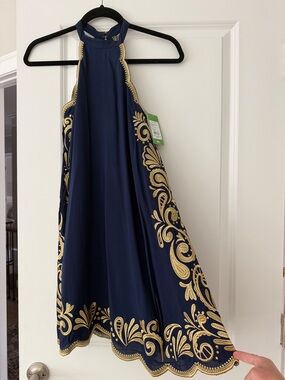 Lilly Pulitzer Navy Halter Dress with Gold Embroidery